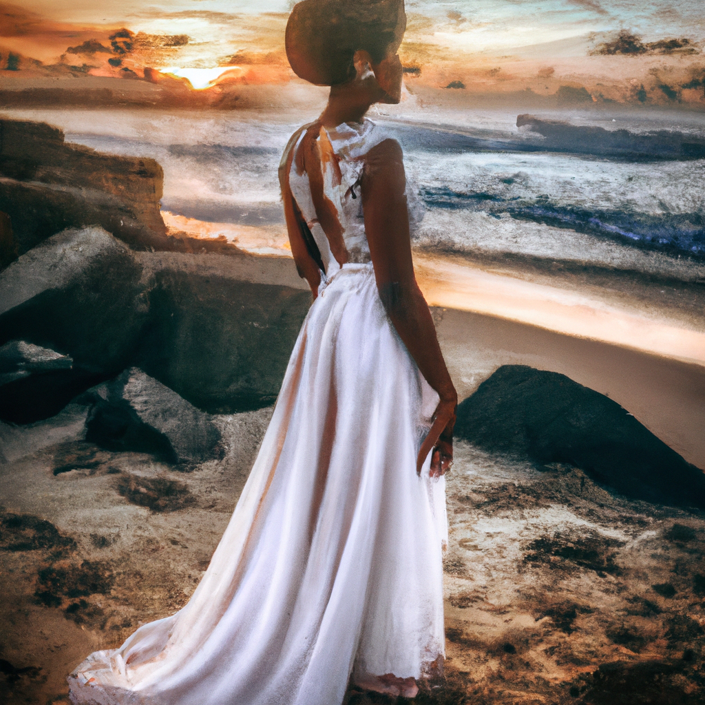 Mariée en robe minimaliste au coucher du soleil en Guadeloupe, lumière dorée